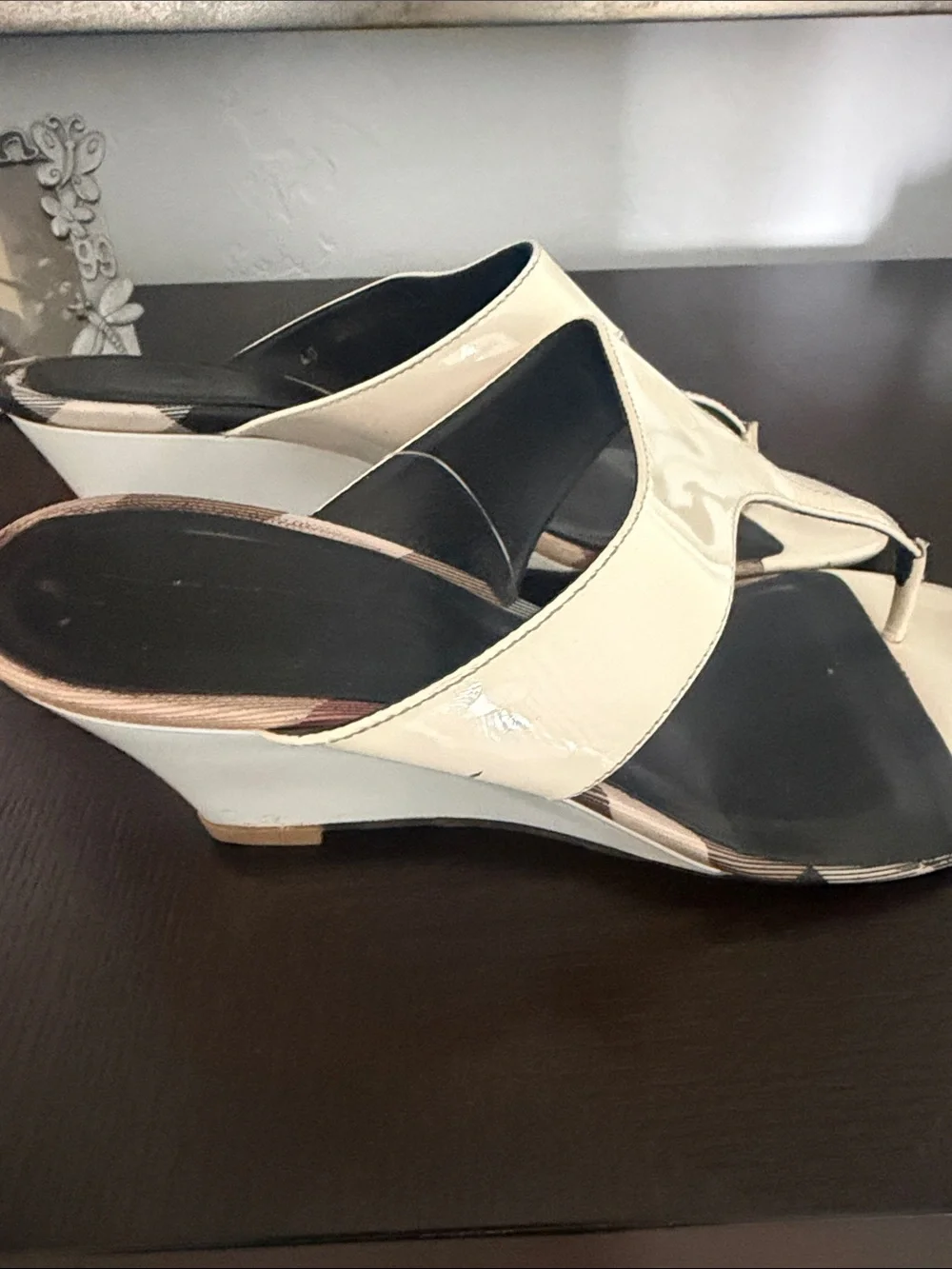 Burberry  Cream Patent Wedge Sandals